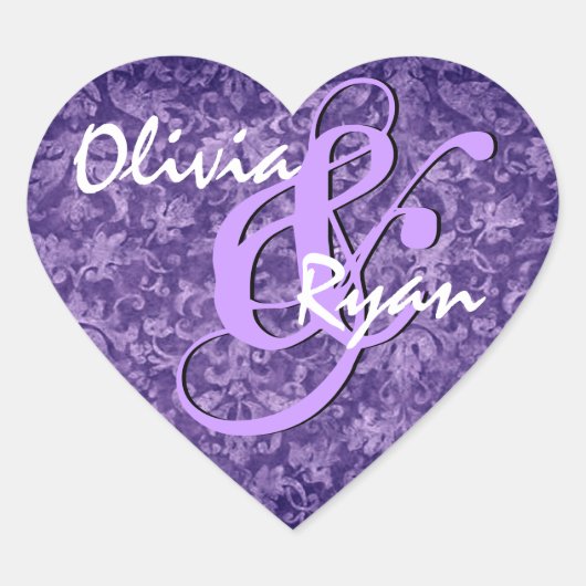 Paarse Damask Trouwhart Sticker (Voorkant)