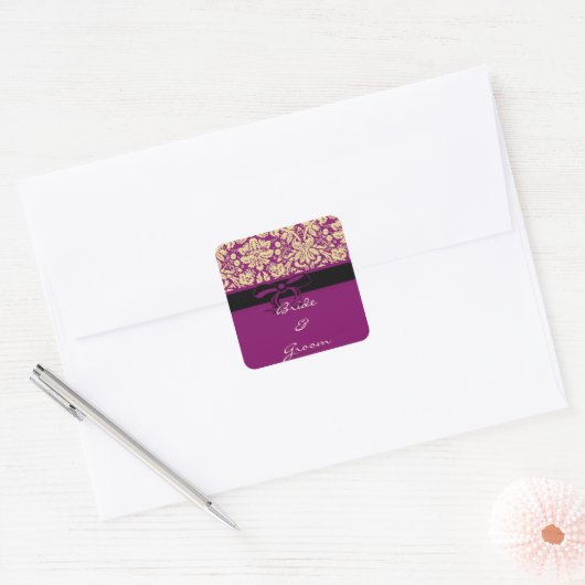 Paarse Damask Vierkante Sticker (Envelop)
