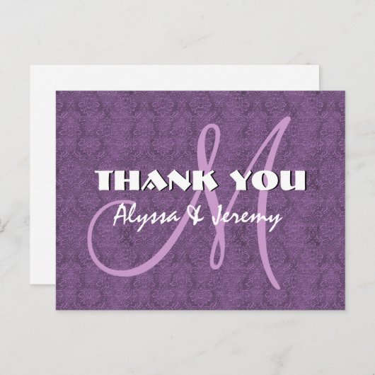 Paarse Damask Wedding Bedankt Monogram N802 Briefkaart (Voorkant / Achterkant)
