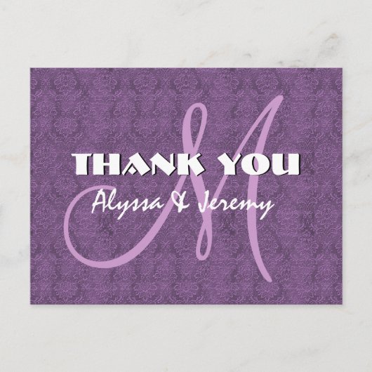 Paarse Damask Wedding Bedankt Monogram N802 Briefkaart (Voorkant)