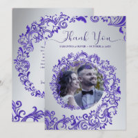 Paarse Damask Wedding Dank u fotokaart