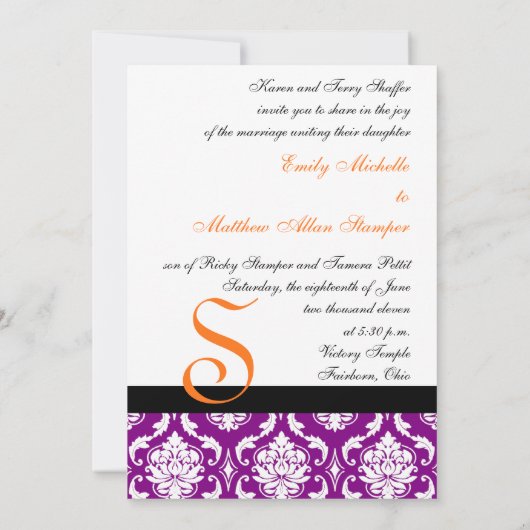 Paarse Damask Wedding Invitting Oranje Monogrammen Kaart (Achterkant)