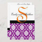 Paarse Damask Wedding Invitting Oranje Monogrammen Kaart (Voorkant / Achterkant)