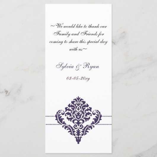 paarse damask Wedding menu (Achterkant)