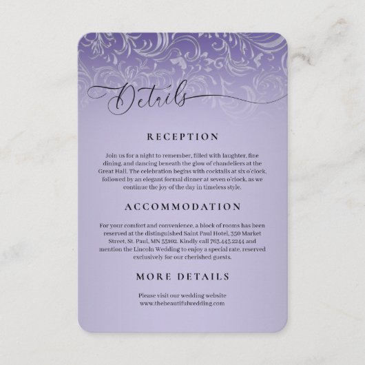 Paarse Damask Wedding Receptie Enclosure Kaart (Voorkant)