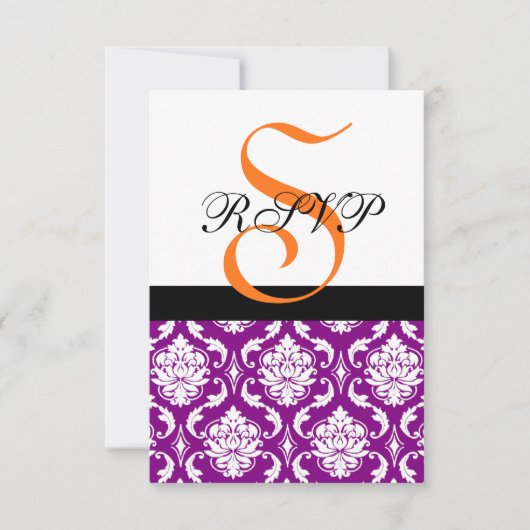 Paarse Damask Wedding RSVP-kaart | Oranje monogram RSVP Kaartje (Voorkant)
