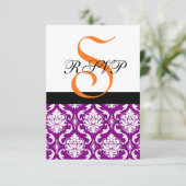 Paarse Damask Wedding RSVP-kaart | Oranje monogram RSVP Kaartje (Staand voorkant)