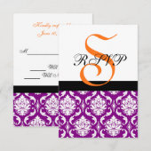 Paarse Damask Wedding RSVP-kaart | Oranje monogram RSVP Kaartje (Voorkant / Achterkant)