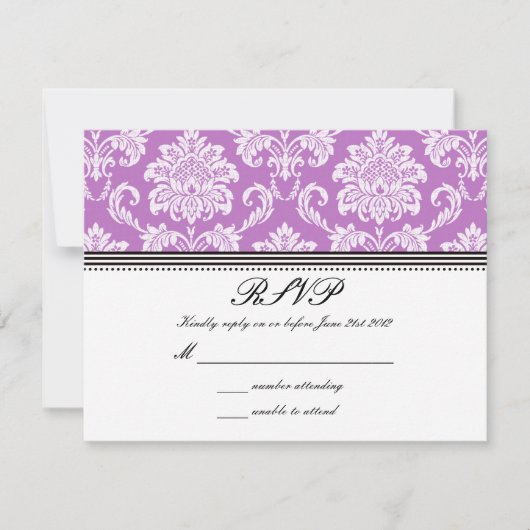 Paarse Damask Wedding RSVP Kaartje (Voorkant)