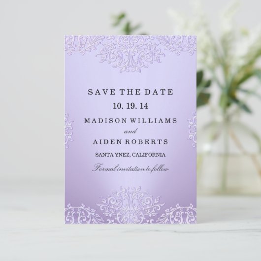 Paarse  Damask Wedding Save the Date (Staand voorkant)