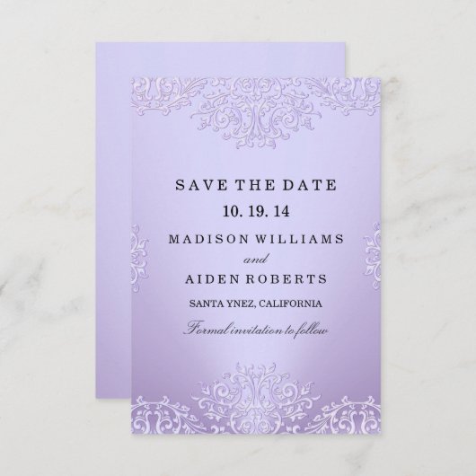 Paarse Damask Wedding Save the Date (Voorkant / Achterkant)