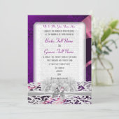 Paarse damask  witte lace bruiloft kaart (Staand voorkant)