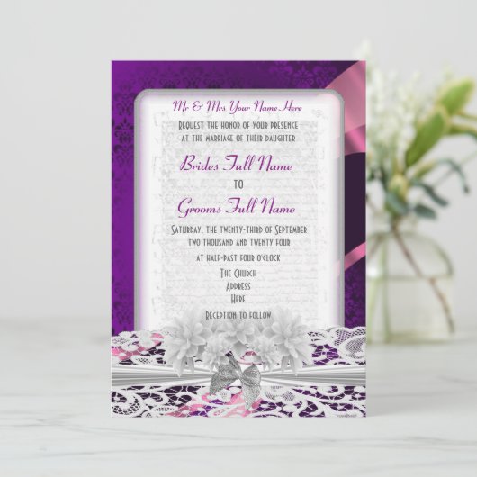 Paarse damask witte lace bruiloft kaart (Staand voorkant)