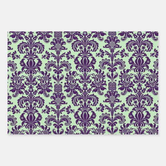 Paarse Damaskers op wit, groen en geel Inpakpapier Vel (Voorkant 3)