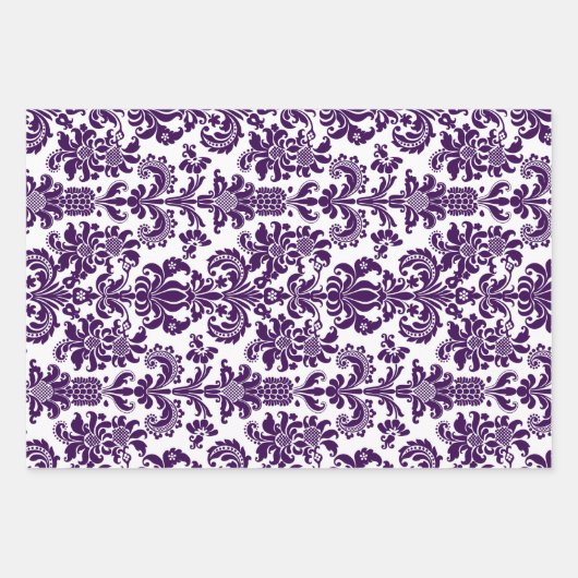 Paarse Damaskers op wit, groen en geel Inpakpapier Vel (Voorkant)