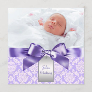 Paarse Damast Baby Meisje Foto Doop Christening Kaart
