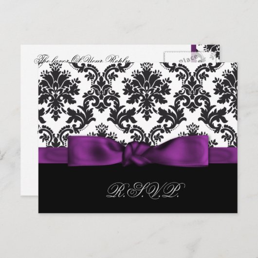 paarse damast bruiloft RSVP kaarten (Voorkant / Achterkant)