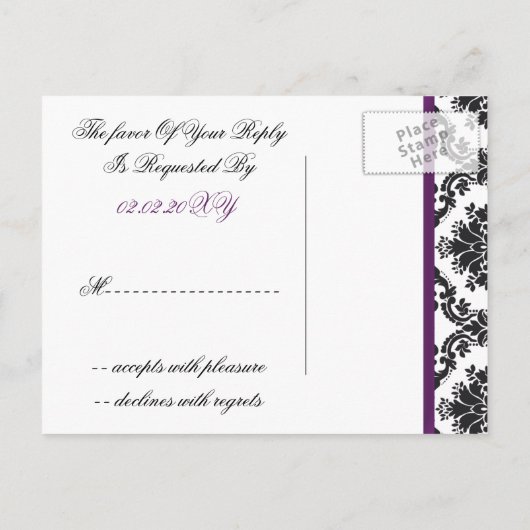 paarse damast bruiloft RSVP kaarten (Achterkant)