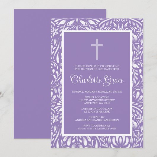 Paarse Damast Cross Meisje Doop Doop Kaart (Voorkant / Achterkant)