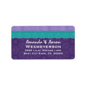 Paarse Damast en Blauwgroen Kant Bruiloft Etiket (Voorkant)