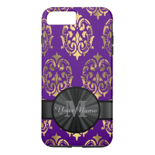 Paarse damast en gouden gepersonaliseerd monogram Case-Mate iPhone case