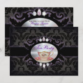  paarse damast floral theekop Tea Party Kaart (Voorkant / Achterkant)