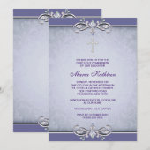 Paarse Damast Kruis Eerste Communie Uitnodiging (Voorkant / Achterkant)