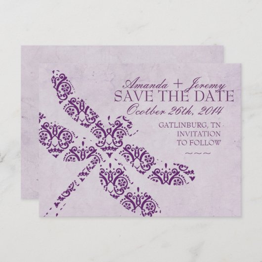 Paarse Damast Libelle Bruiloft Aankondigingskaart (Voorkant / Achterkant)