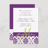 Paarse Damast Monogram Trouwreceptie Informatiekaartje (Voorkant / Achterkant)