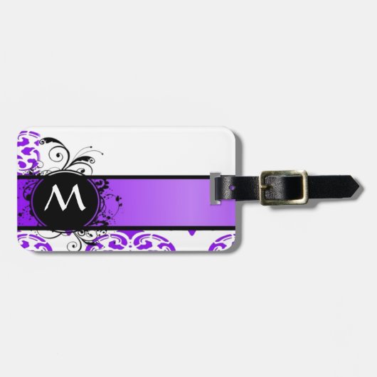 Paarse damast patroon en monogram bagagelabel (Voorkant horizontaal)