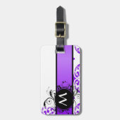 Paarse damast patroon en monogram bagagelabel (Voorkant verticaal)