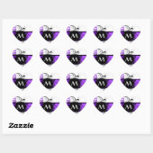Paarse damast patroon en monogram hart sticker (Vel)