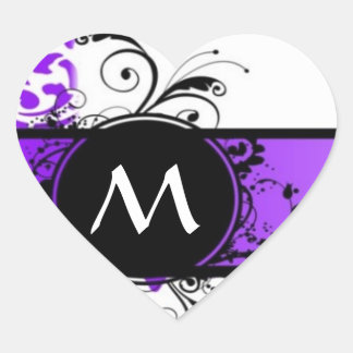 Paarse damast patroon en monogram hart sticker