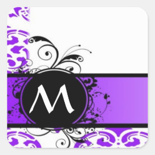 Paarse damast patroon en monogram vierkante sticker