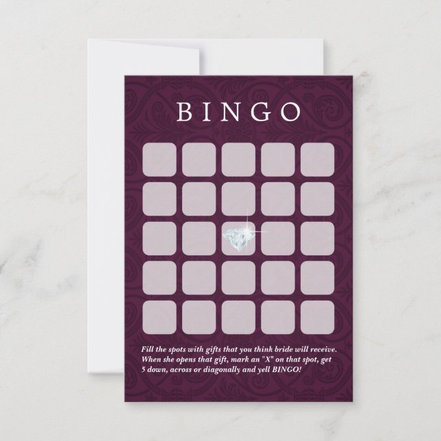 Paarse Damast Trouw/ Bruiloft Bingo Kaarten (Voorkant)
