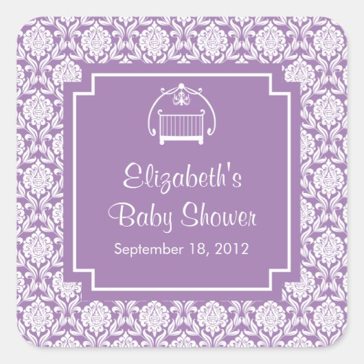 Paarse Damast Wieg Baby shower Vierkante Sticker (Voorkant)