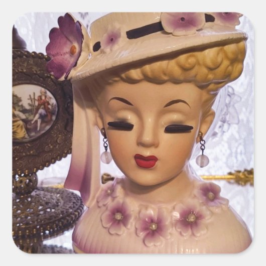 Paarse Dame Head Vase Flowers Perfume Bottle Vierkante Sticker (Voorkant)