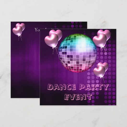Paarse Dance Party Event Mirrorball Love Balloons Kaart (Voorkant / Achterkant)