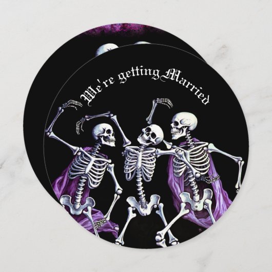 Paarse Dancing Skeletons Gothic Save the Date Feestdagenkaart (Voorkant / Achterkant)