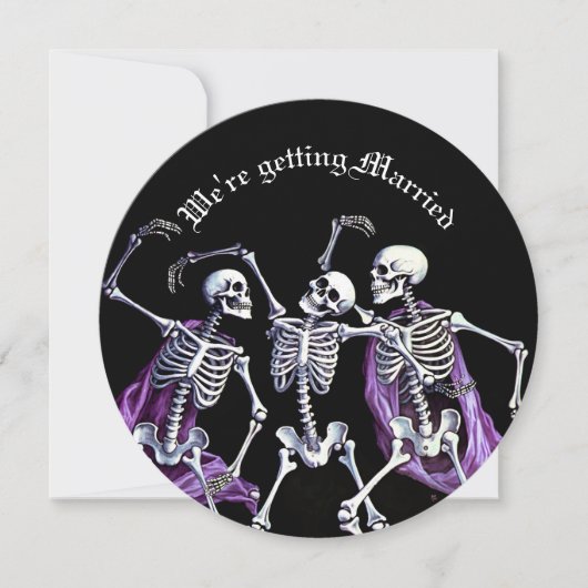 Paarse Dancing Skeletons Gothic Save the Date Feestdagenkaart (Voorkant)