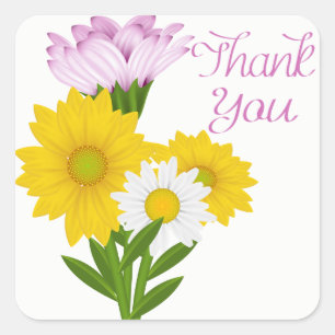 Paarse Dank Je Gele Zonnebloem Madeliefje Bloemen Vierkante Sticker