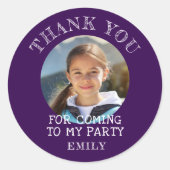 Paarse Dank u Verjaardag Meisje Foto Ronde Sticker (Voorkant)