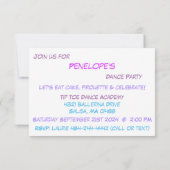 Paarse Dans Verjaardagsfeestuitnodiging Kaart (Achterkant)