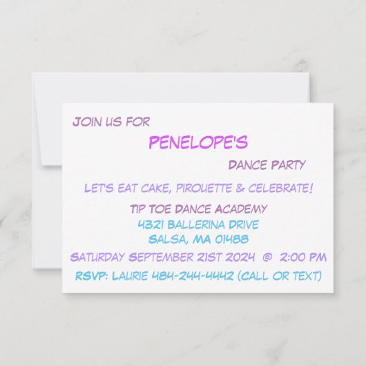 Paarse Dans Verjaardagsfeestuitnodiging Kaart (Achterkant)