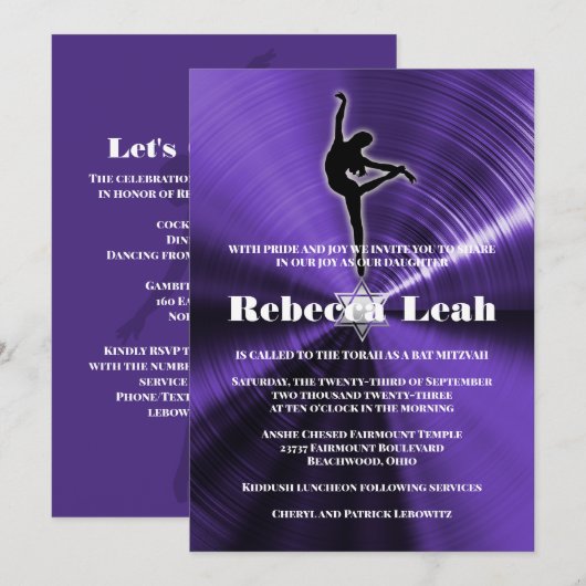 Paarse danseringsdanser bat Mitzvah uitnodiging (Voorkant / Achterkant)