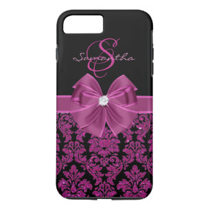 Paarse Dark Magenta Glitter Black Damask, Bow iPhone 8/7 Plus Hoesje