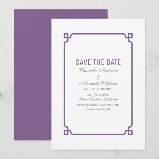 Paarse Deco Chic Save the Date Uitnodiging (Voorkant / Achterkant)