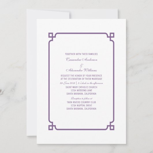 Paarse Deco Chic Wedding Invite Kaart (Voorkant)