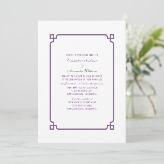 Paarse Deco Chic Wedding Invite Kaart (Staand voorkant)