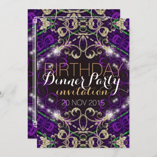 Paarse Decor Royale Birthday Dinner Party nodigt u Kaart (Voorkant / Achterkant)